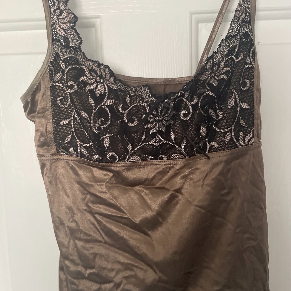 Arianne brass Satin Chemise set with Black Lace Accents, boy shorts and bra